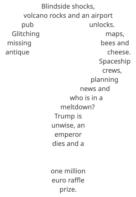 Question mark shape made from these words: Blindside shocks, volcano rocks and an airport pub unlocks. Glitching maps, missing bees and antique cheese. Spaceship crews, planning news and who is in a meltdown? Trump is unwise, an emperor dies and a one million euro raffle prize.